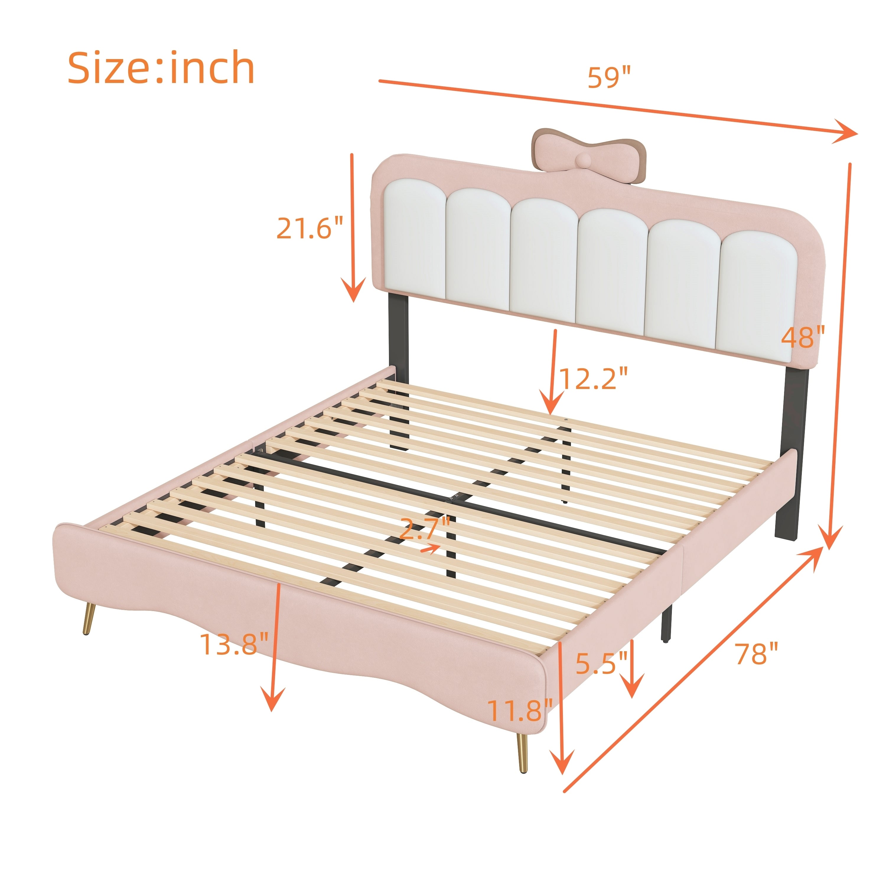 Full size Velvet Princess Bed With bow-knot Headboard,Full Size Platform Bed with Headboard and Footboard,White+Pink