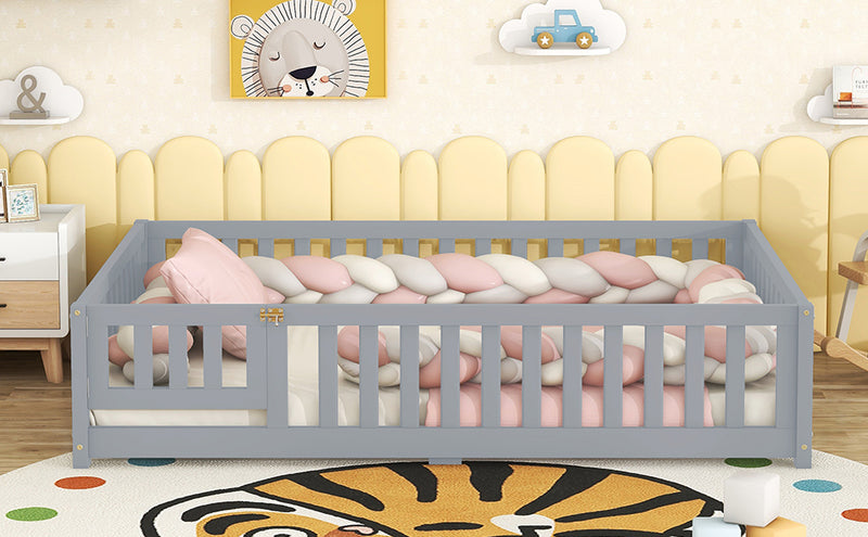 Full Size Bed Floor Bed with Safety Guardrails and Door for Kids, Gray