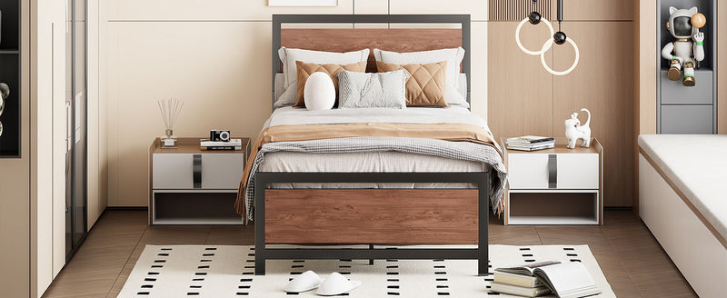 Platform Bed, Metal And Wood Bed Frame With Headboard And Footboard