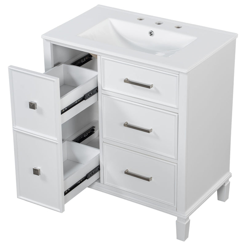 Bathroom Vanity With Ceramic Sink, Flip Out Drawer Design For Plumbing, Soft Close Drawers