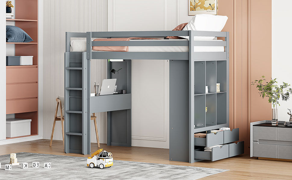 Twin Size Loft Bed with large shelves, writing desk and LED Light, Gray - Atlantic Fine Furniture Melbourne FL
