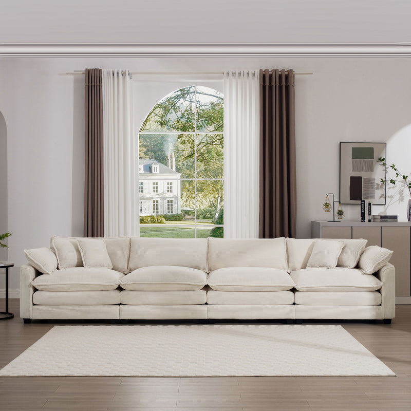 Modern Upholstered 4 Seater Corduroy Fabric Sofa With Arm And Throw Pillows