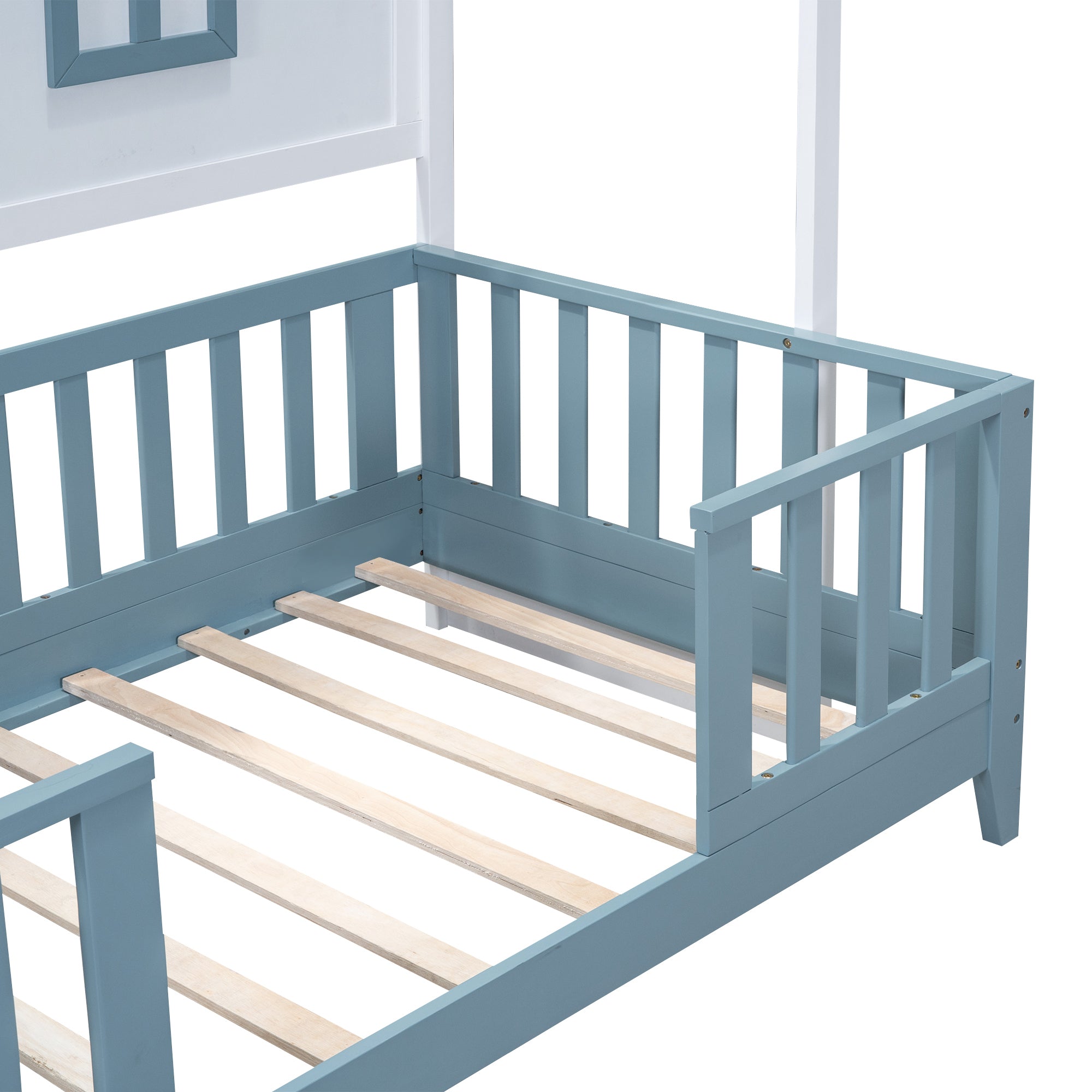 Twin Size Wood House Bed with 2 Shelves and Guardrail, White - Atlantic Fine Furniture Melbourne FL