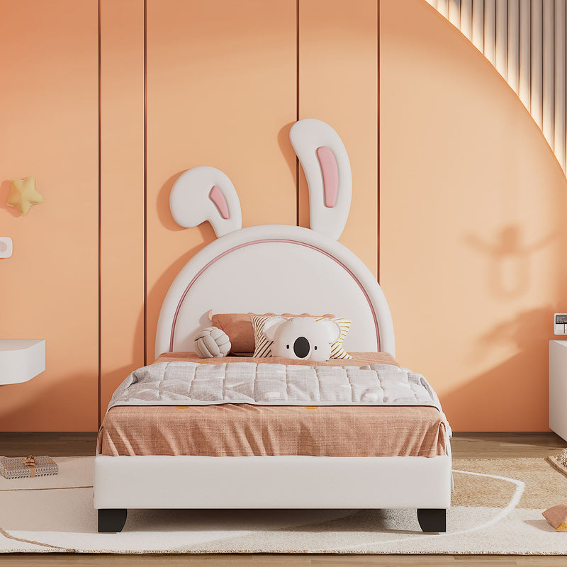 Upholstered Leather Platform Bed With Rabbit Ornament