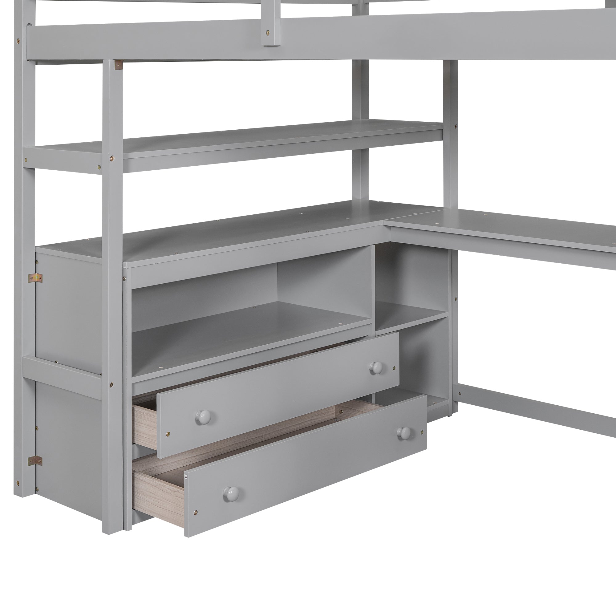 Full Size Loft Bed with Desk and Shelves, Two Built-in Drawers, Storage Staircase, Gray - Atlantic Fine Furniture Melbourne FL