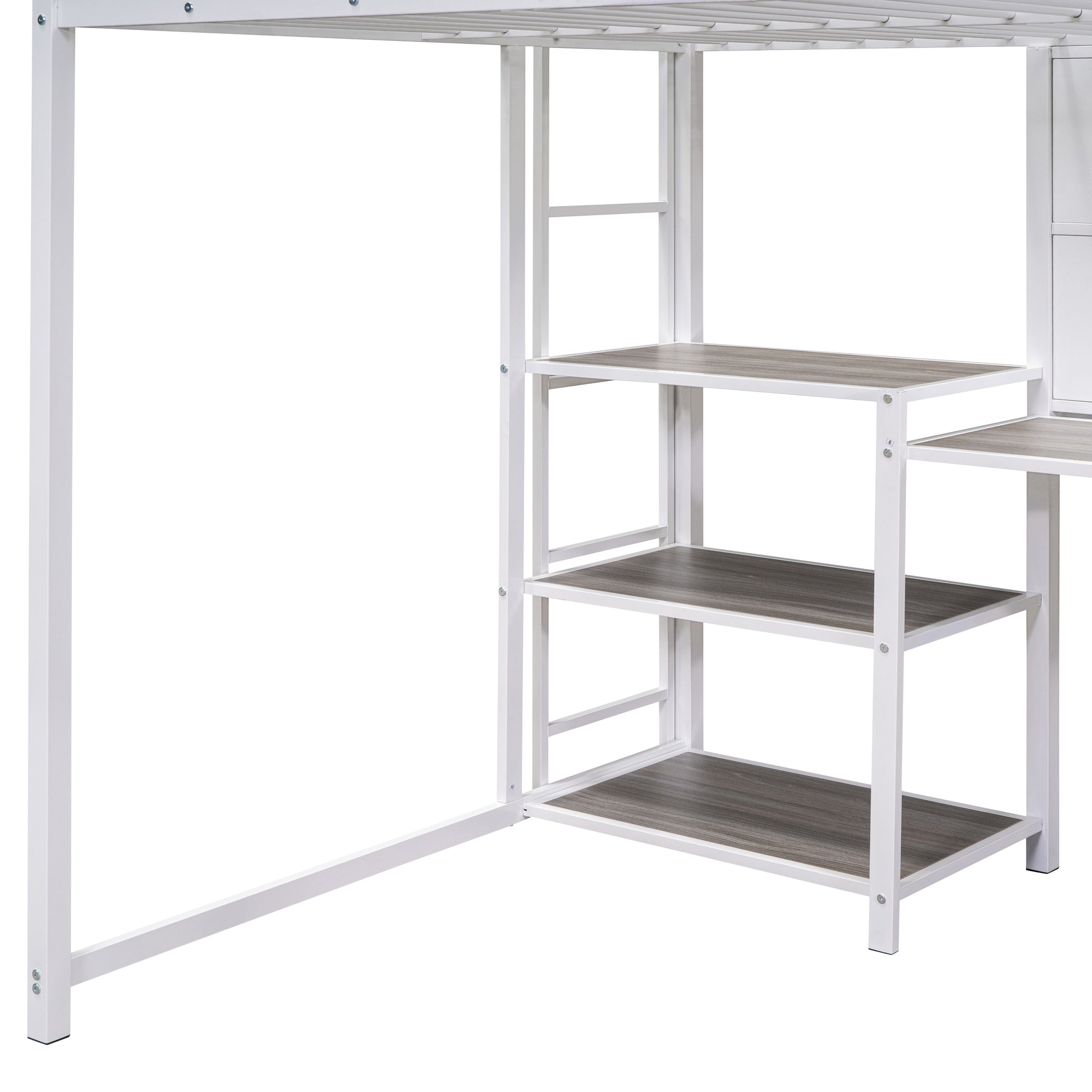 Full Size Loft Bed with Desk and Whiteboard, Metal Loft Bed with 3 Shelves and Ladder, White - Atlantic Fine Furniture Melbourne FL