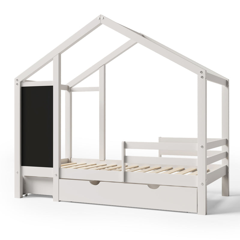Twin House Bed With Blackboard And Drawers, 2 Assembly Options - White