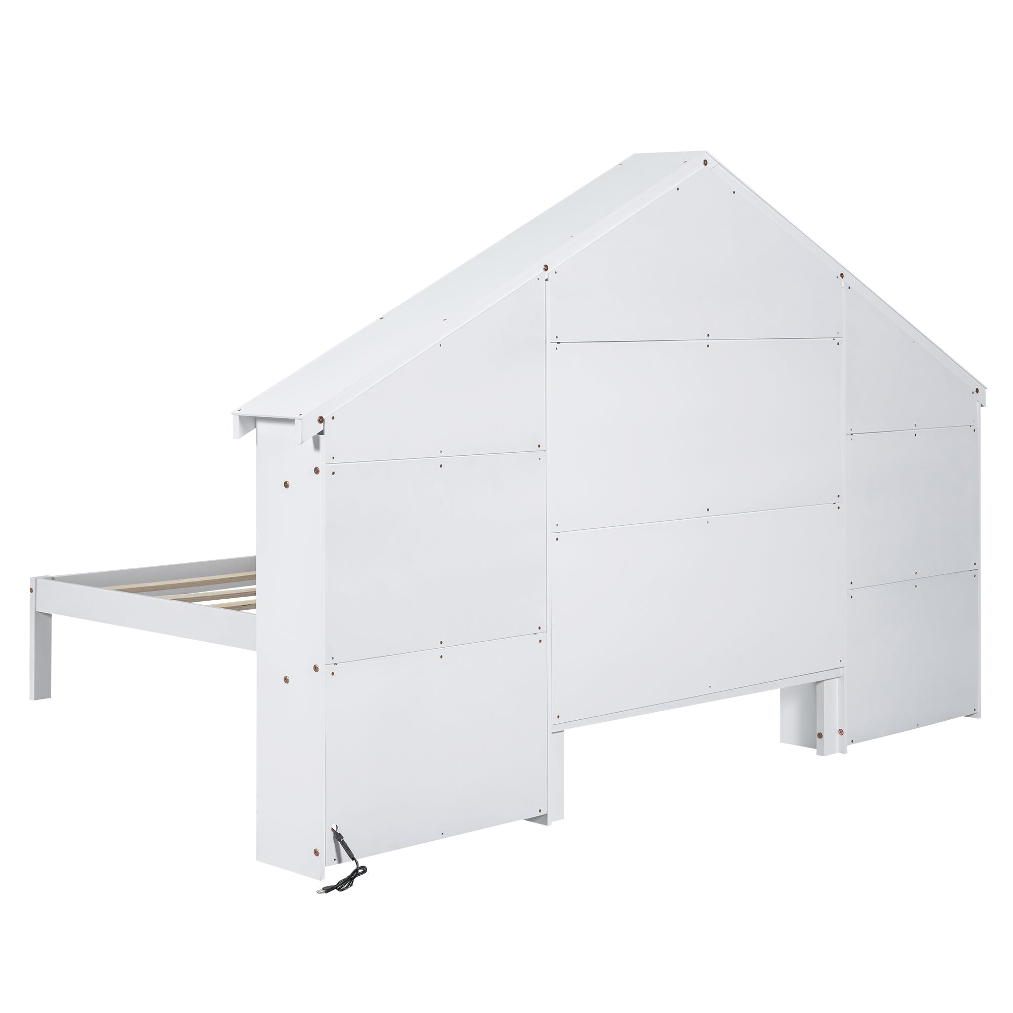 Wood Twin Size Platform Bed with House-shaped Storage Headboard and Built-in LED, White - Atlantic Fine Furniture Melbourne FL