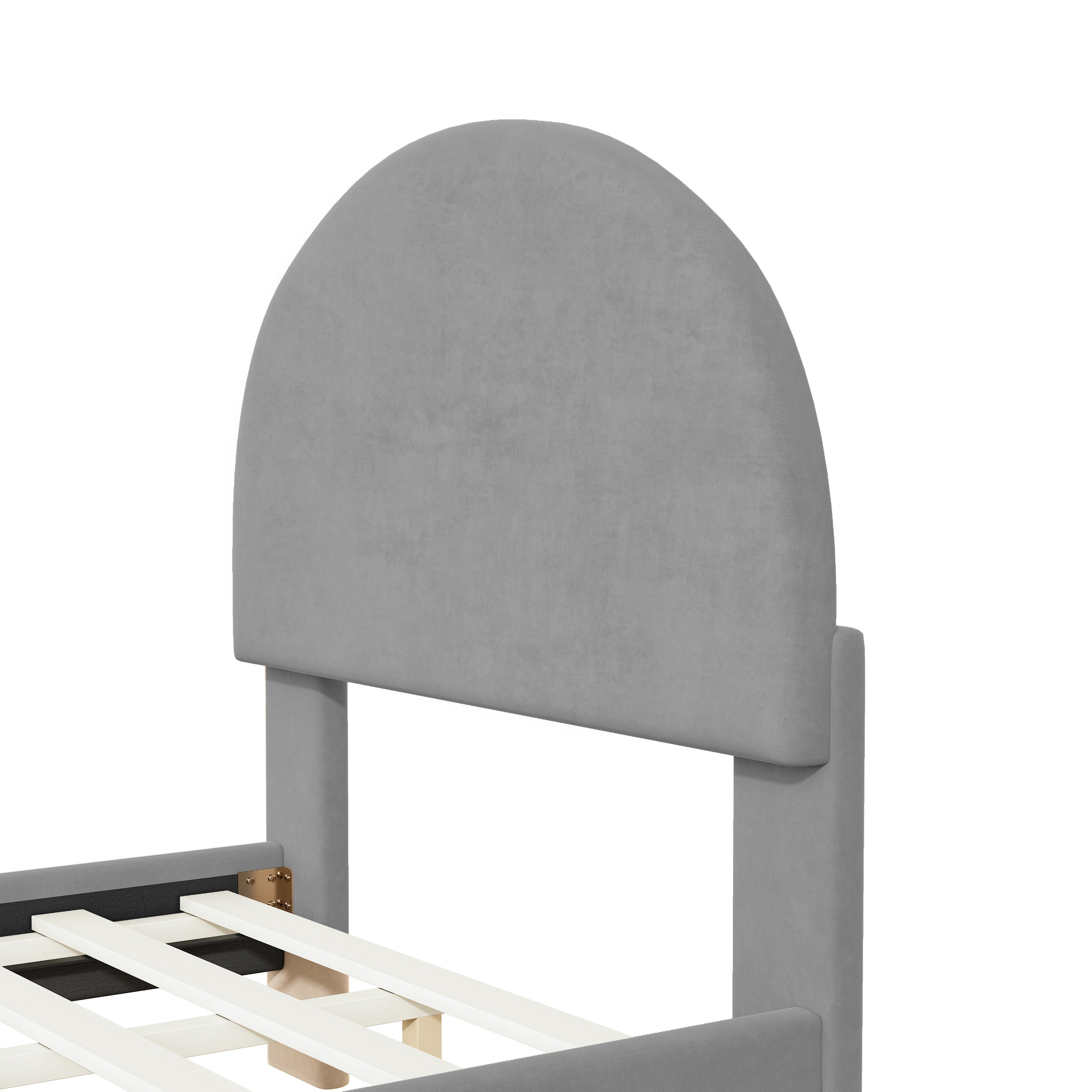 Twin Size Upholstered Platform Bed with Classic Semi-circle Shaped headboard and Mental Legs, Velvet, Gray - Atlantic Fine Furniture Melbourne FL