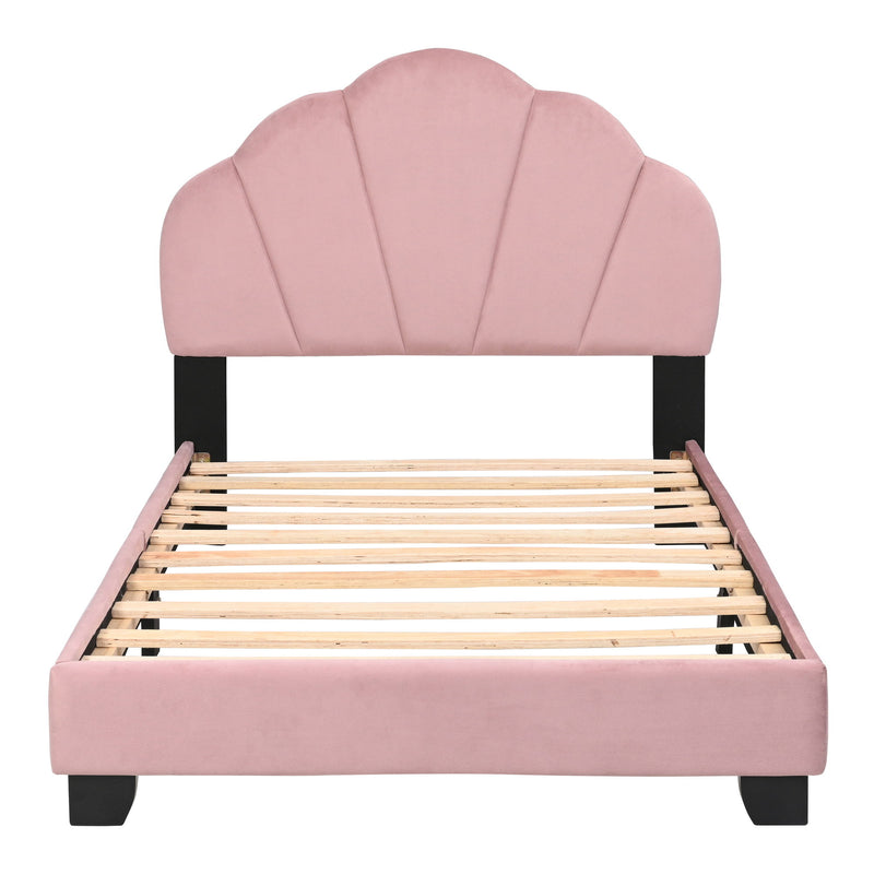 Upholstered Twin Size Platform Bed For Kids Wooden Bed Frame With Slatted Bed Base No Box Spring Needed Cute Bed Frame With Shell Design Headboard - Pink