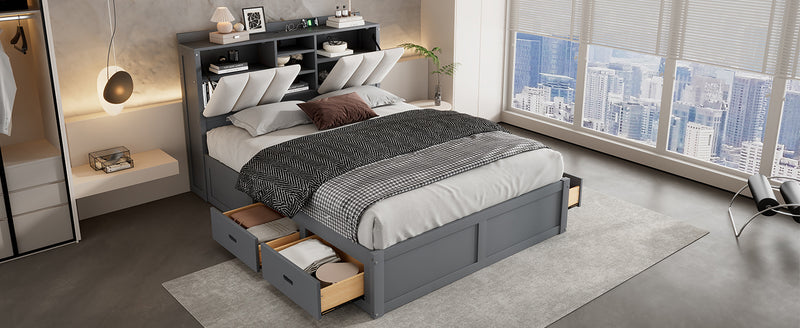 Wood Full Size Platform Bed with Storage Headboard and 4 Drawers, Gray