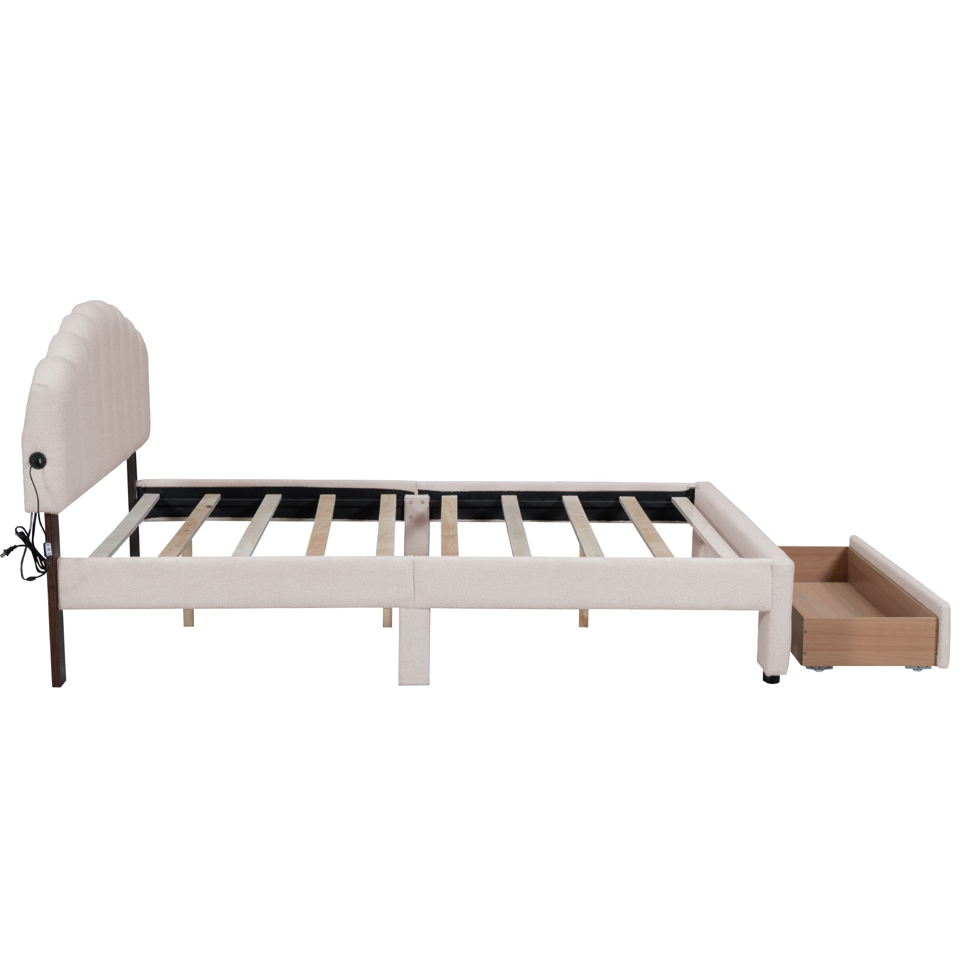 Teddy Fleece Queen Size Upholstered Platform Bed with Drawer, Beige - Atlantic Fine Furniture Melbourne FL