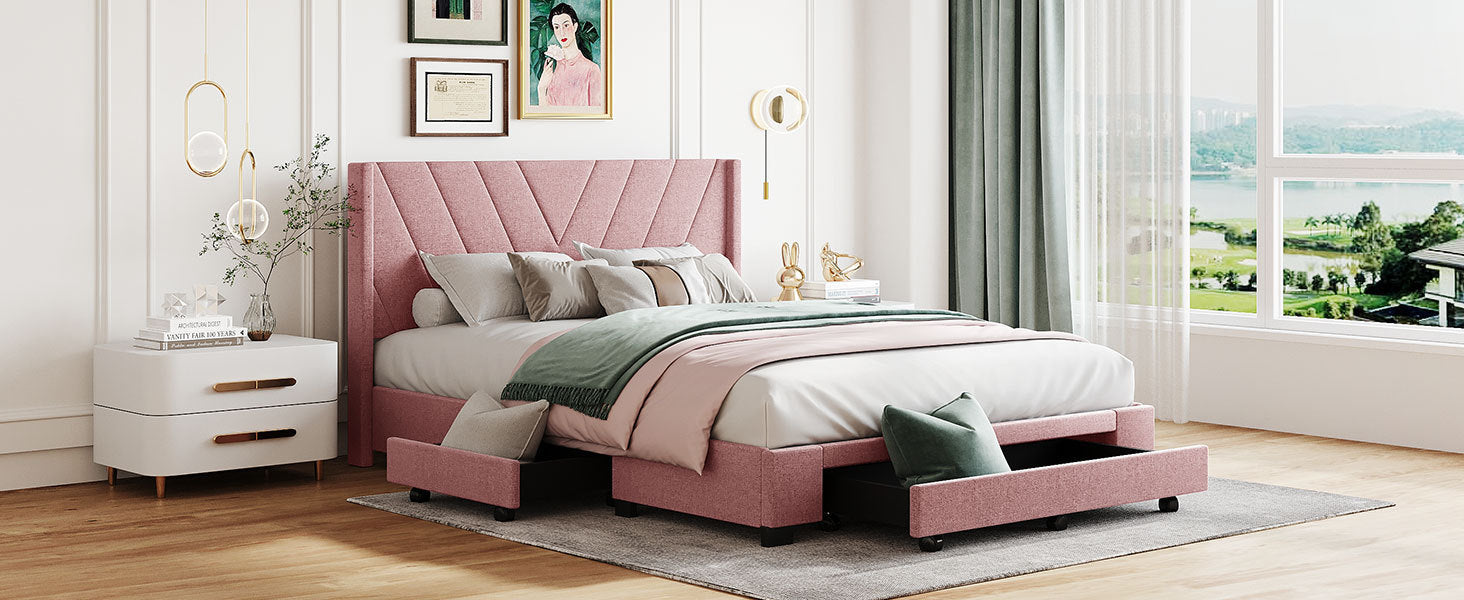 Queen Size Storage Bed Linen Upholstered Platform Bed with 3 Drawers (Pink) - Atlantic Fine Furniture Melbourne FL