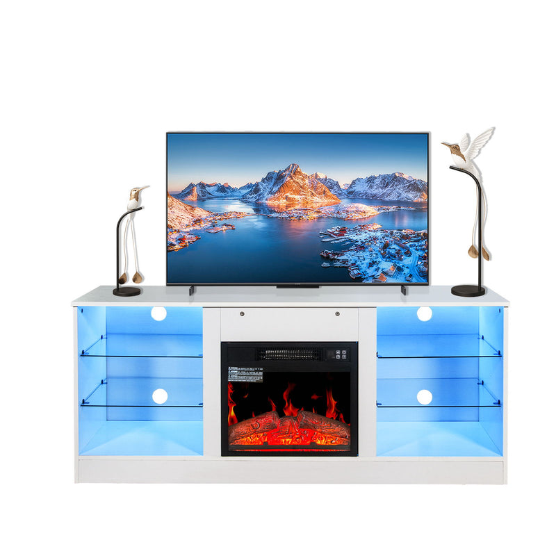 Fireplace TV Stand With 18" Electric Fireplace Heater, Modern Entertainment Center For TVs Up To 62" With Adjustable Glass Shelves And Storage Cabinets