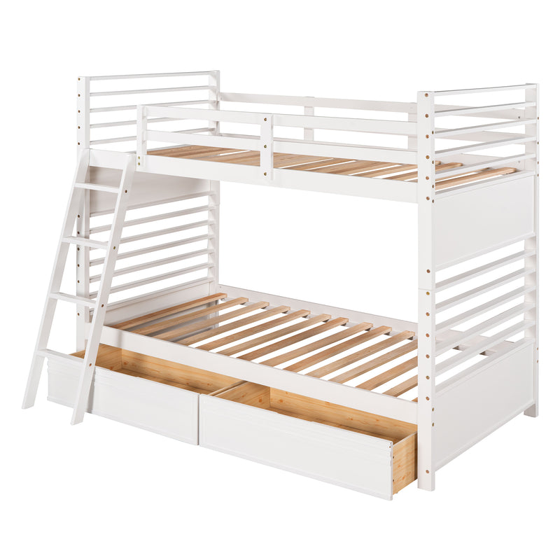 Twin over Twin Wood Bunk Bed with Two Drawers - White