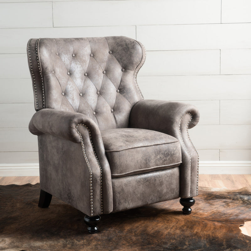 Accented Push Back Recliner Chair with Rolled Arms in Brown Gray, Enjoy Cocooning Comfort