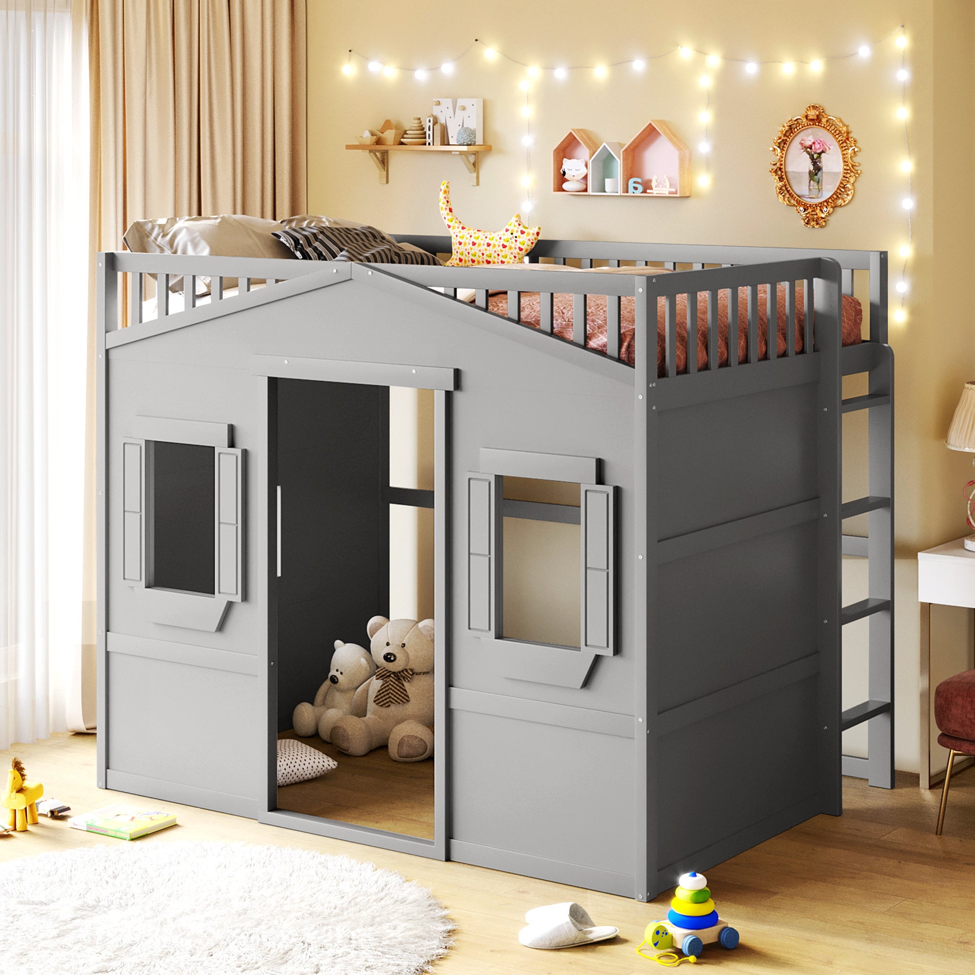 Full Size House Loft Bed With Ladder-Gray - Atlantic Fine Furniture Melbourne FL