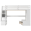 Full Size Loft Bed With Desk And Shelves, 2 Built In Drawers, Storage Staircase - White