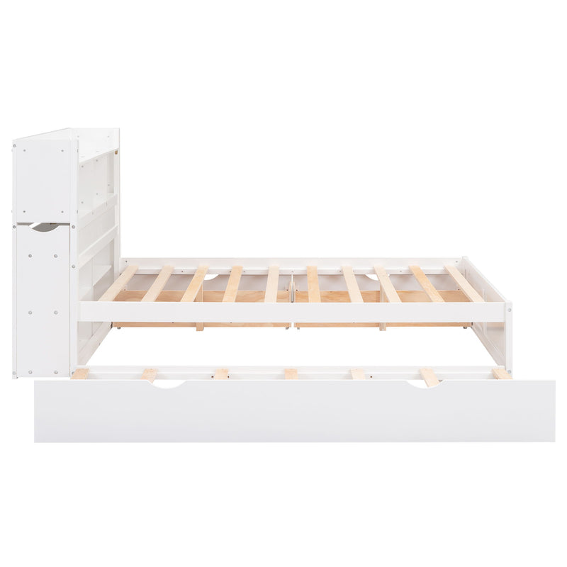 Storage Platform Bed With Pull Out Shelves, Trundle, And 2 Drawers