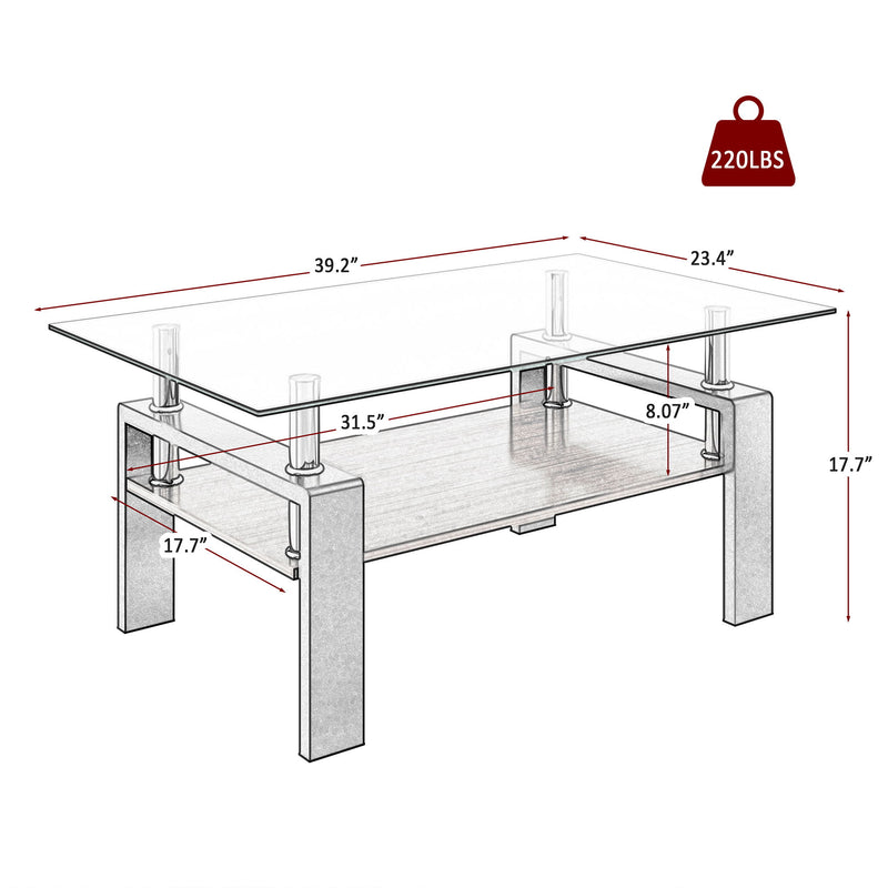 Modern Rectangular Coffee Table With Tempered Glass Top Layer, Table For Living Room - Transparent