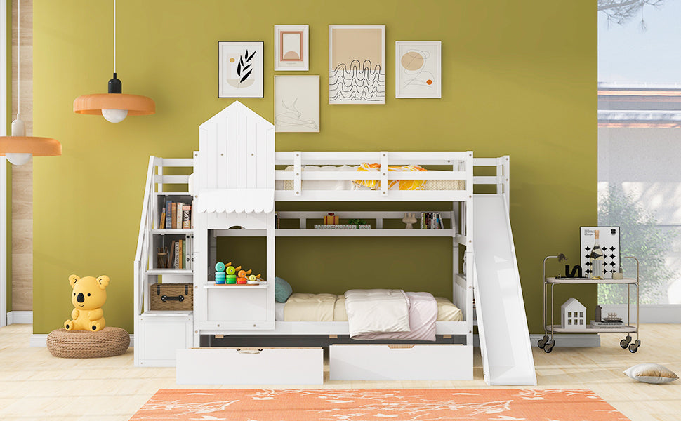 Twin-Over-Twin Castle Style Bunk Bed with 2 Drawers 3 Shelves and Slide - White - Atlantic Fine Furniture Melbourne FL