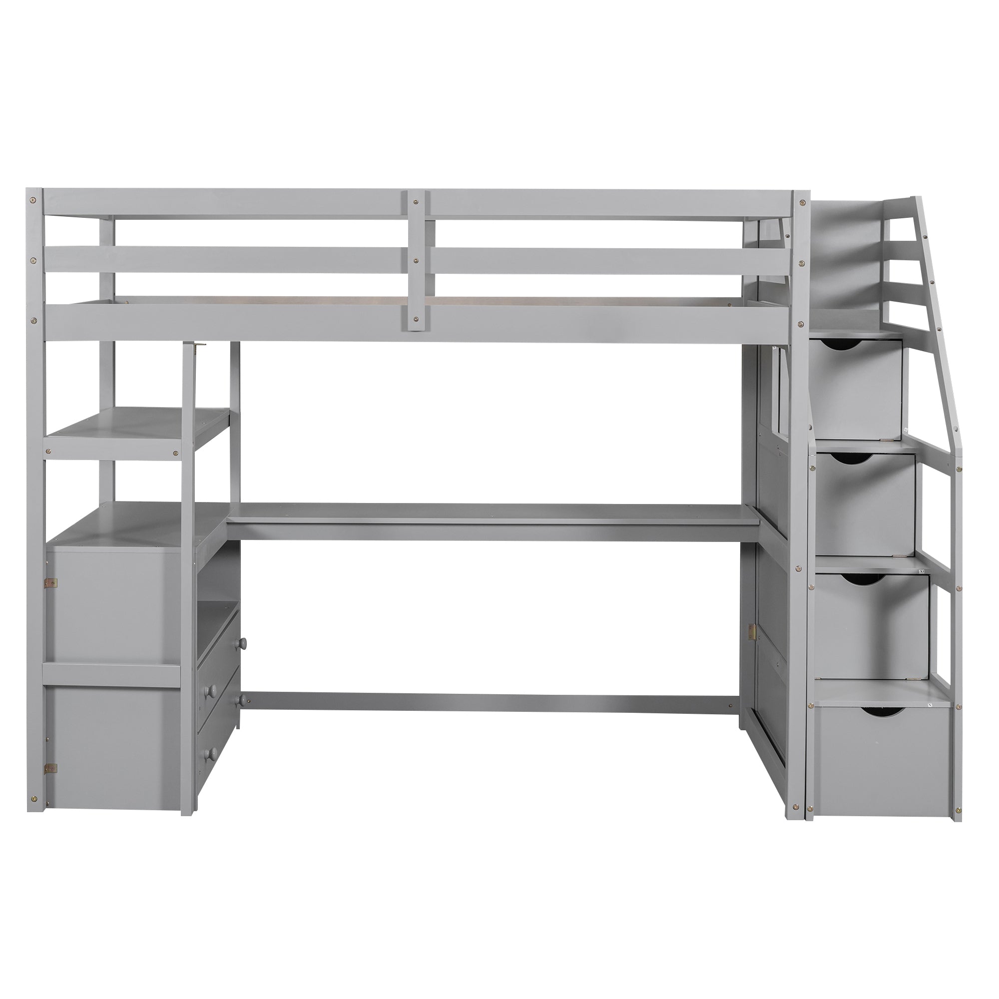 Twin Size Loft Bed with Desk and Shelves, Two Built-in Drawers, Storage Staircase, Gray - Atlantic Fine Furniture Melbourne FL