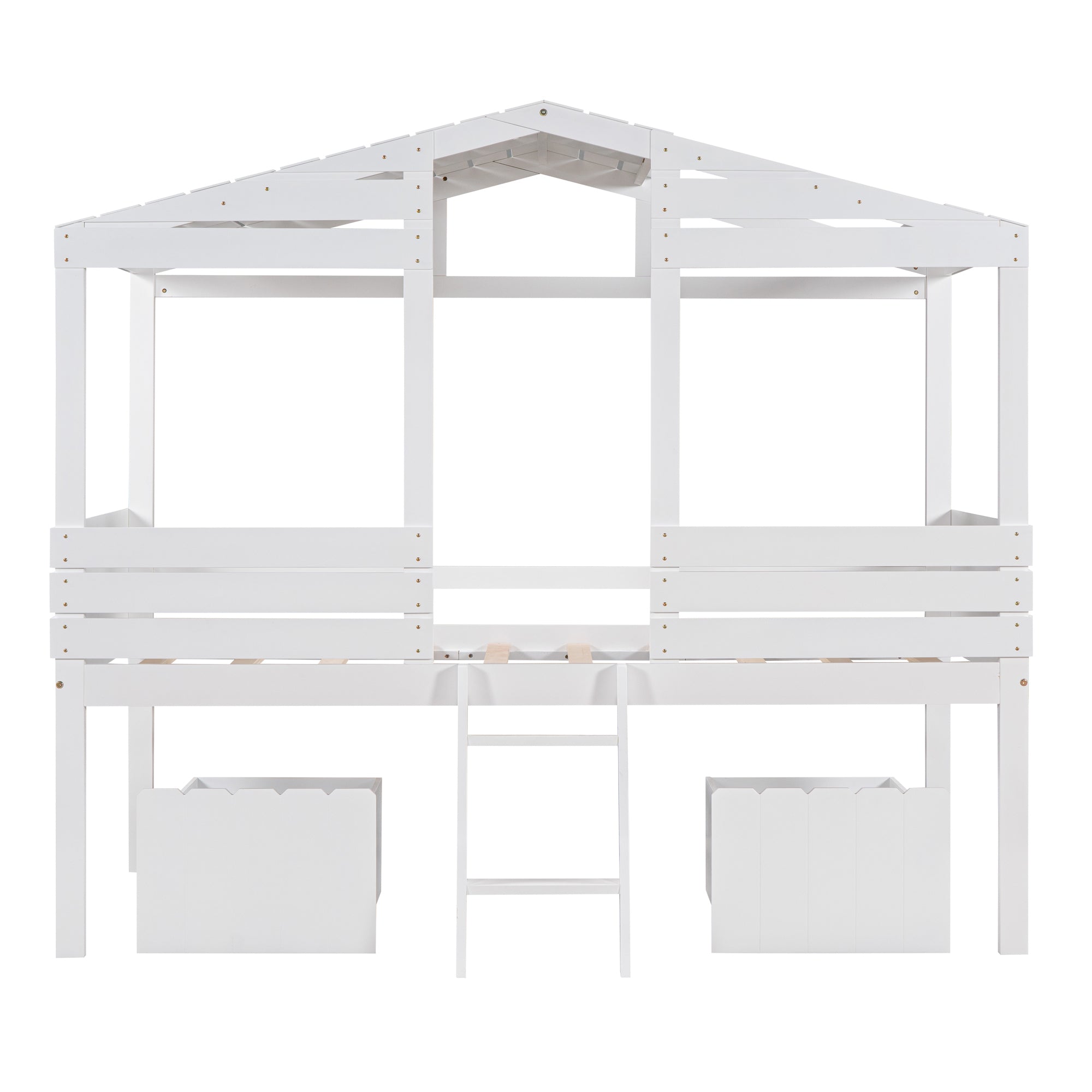 Twin Size Low Loft Wood House Bed with Two Drawers, White - Atlantic Fine Furniture Melbourne FL