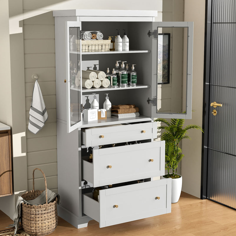 Freestanding Tall Bathroom Cabinet With 2 Adjustable Shelves, 3 Drawers, Soft Close Glass Doors - White