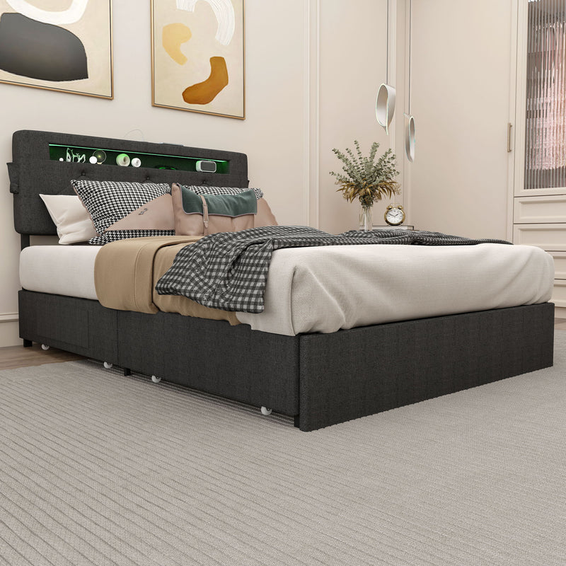 Bed With USB Charging Station, LED Lights, Headboard & Storage Drawers