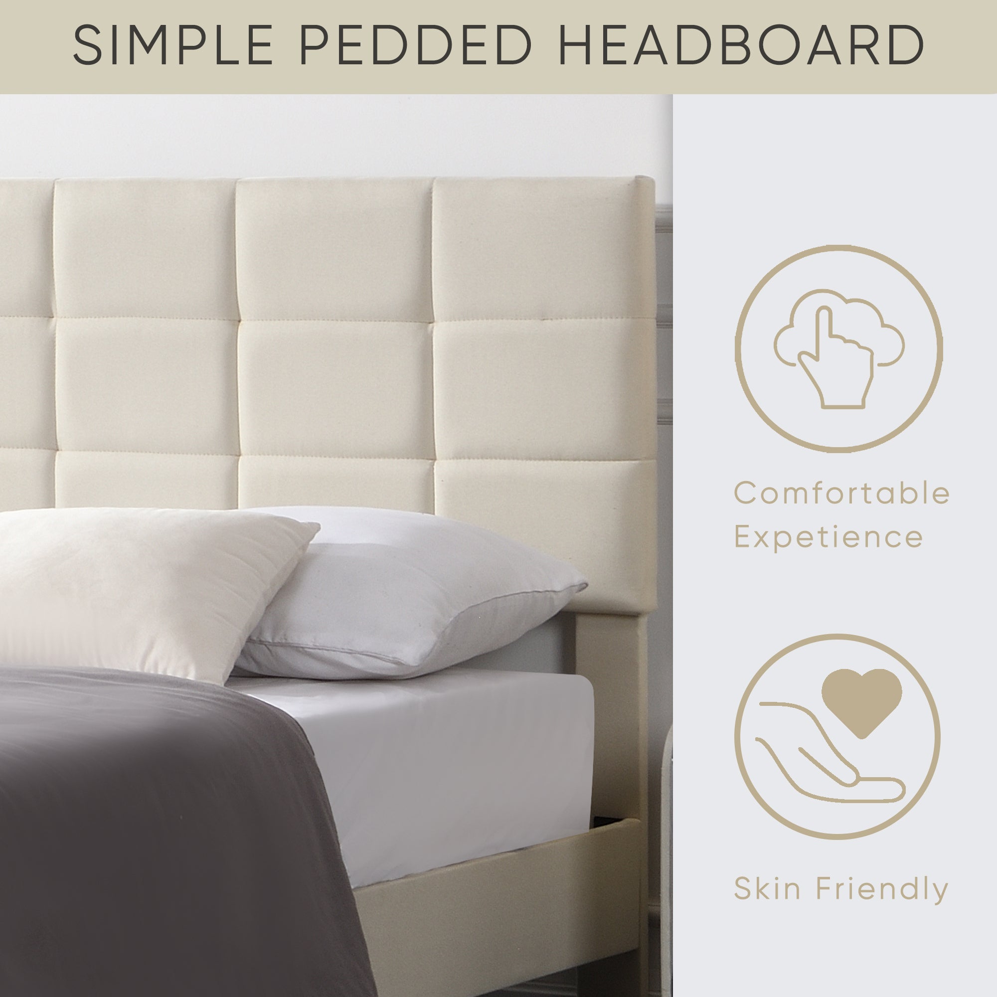 Full Size Platform Bed Frame with Fabric Upholstered Headboard and Wooden Slats, No Box Spring Needed/Easy Assembly, Beige