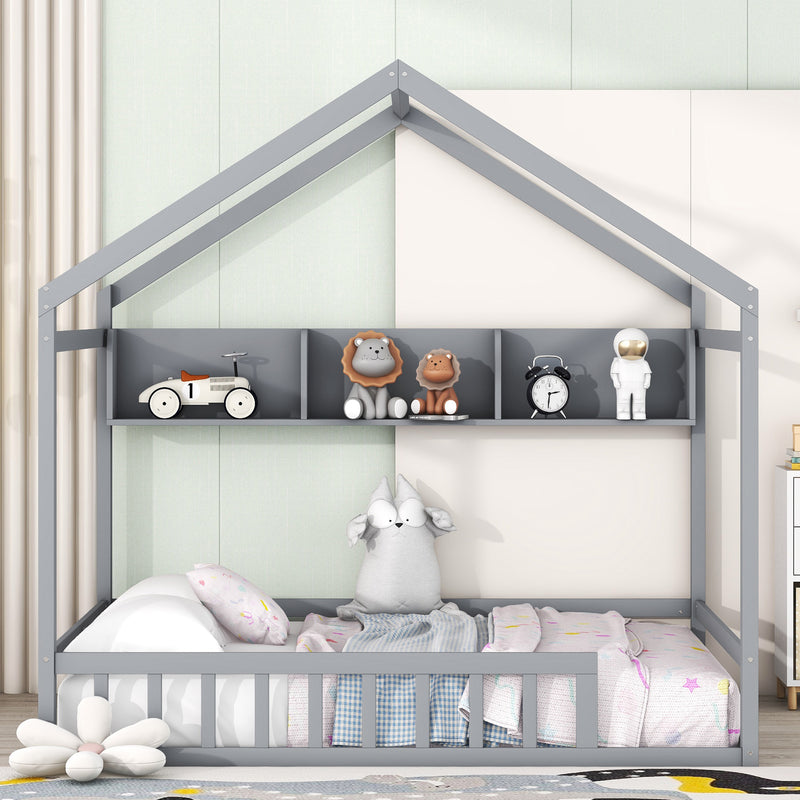 Wooden Full Size House Bed with Storage Shelf,Kids Bed with Fence and Roof, Gray