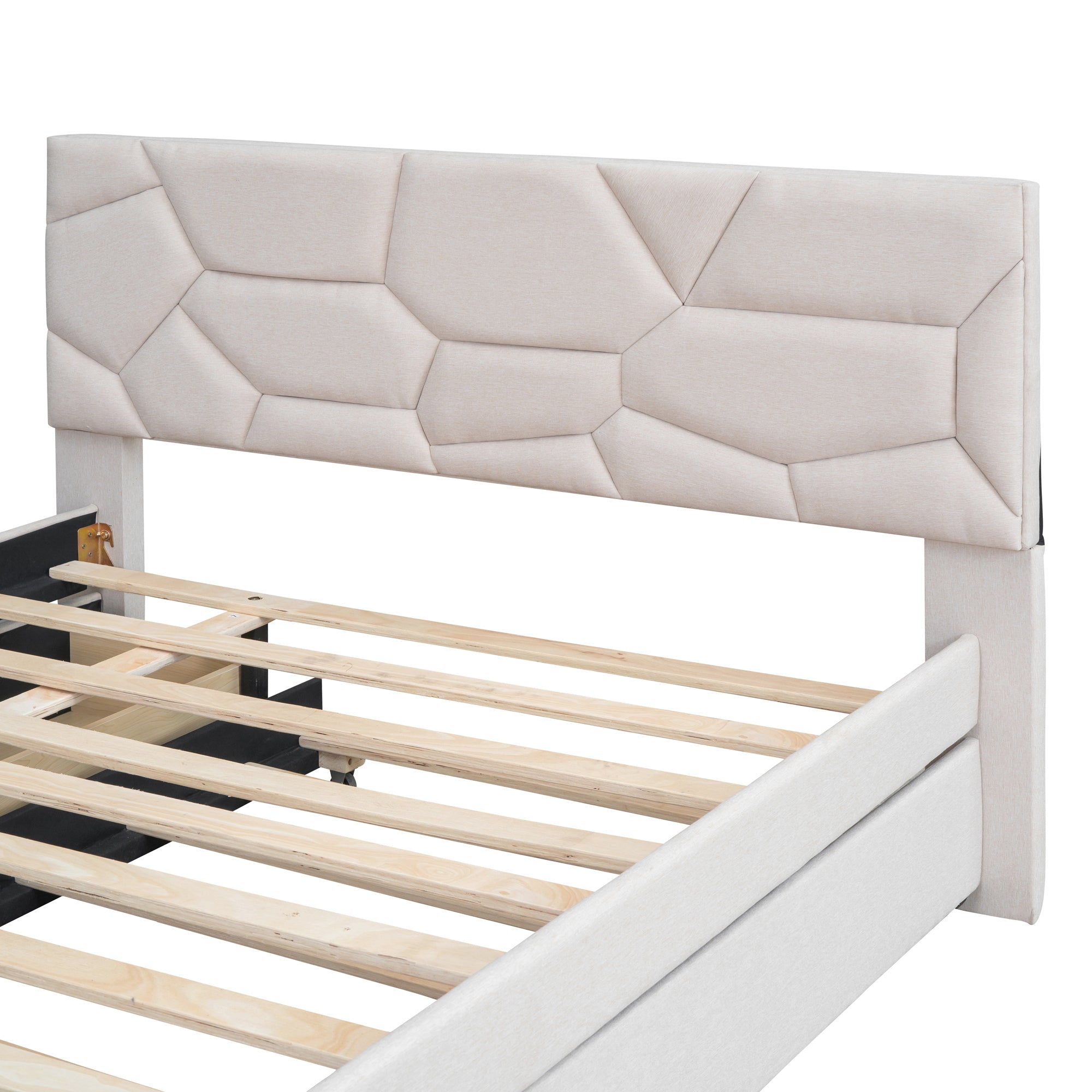 Full Size Upholstered Platform Bed with Brick Pattern Headboard, with Twin Size Trundle and 2 Drawers, Linen Fabric, Beige - Atlantic Fine Furniture Melbourne FL