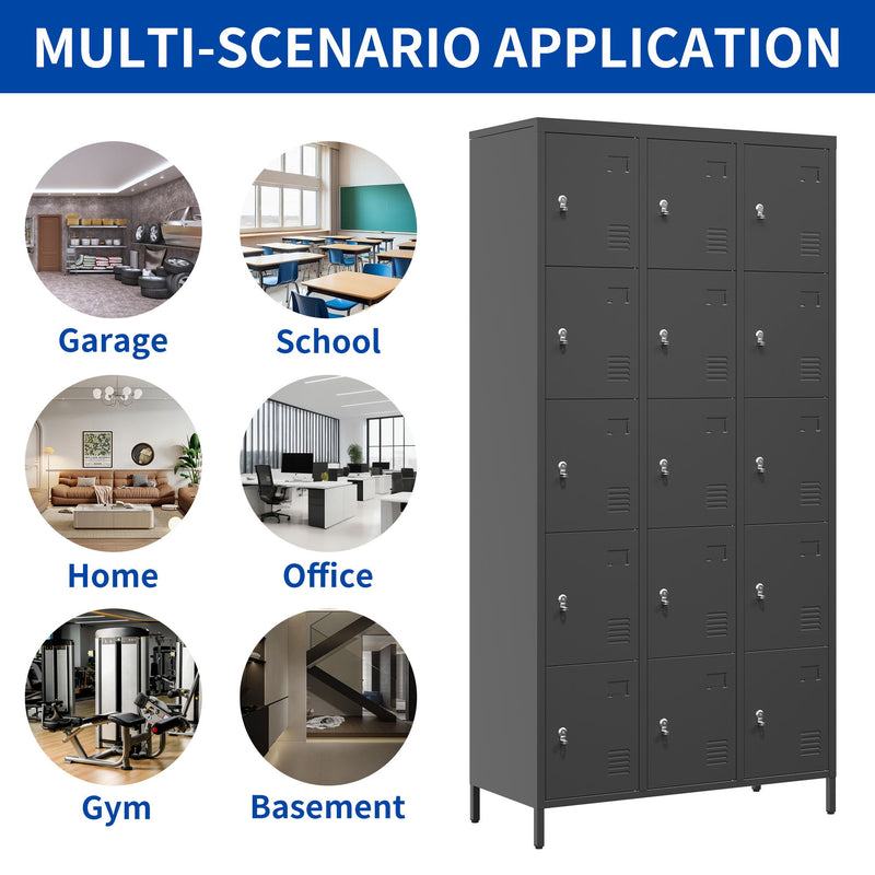 15 Door Lockers With Lock For Employee Storage - Black