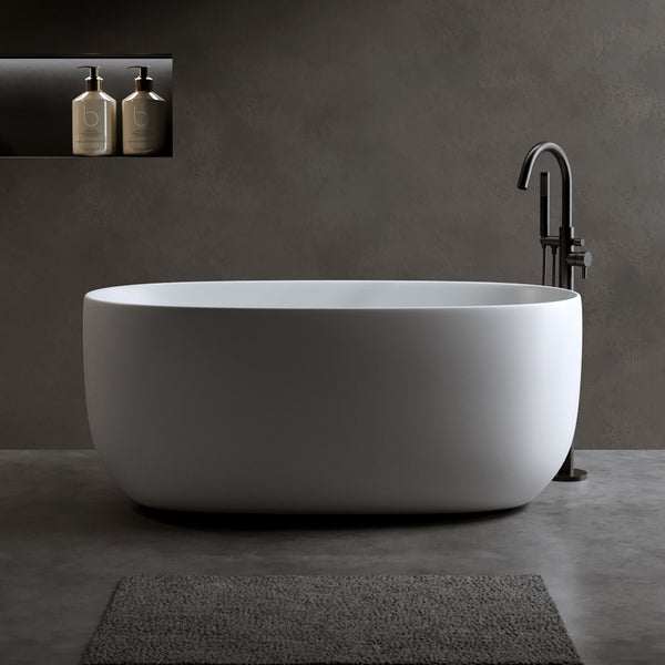 Independent Solid Surface Resin Stone Bathtub, A Modern Designed Independent Bathtub With Pop-Up Drainage And Overflow Pipes, Suitable For Small Households - Matte White