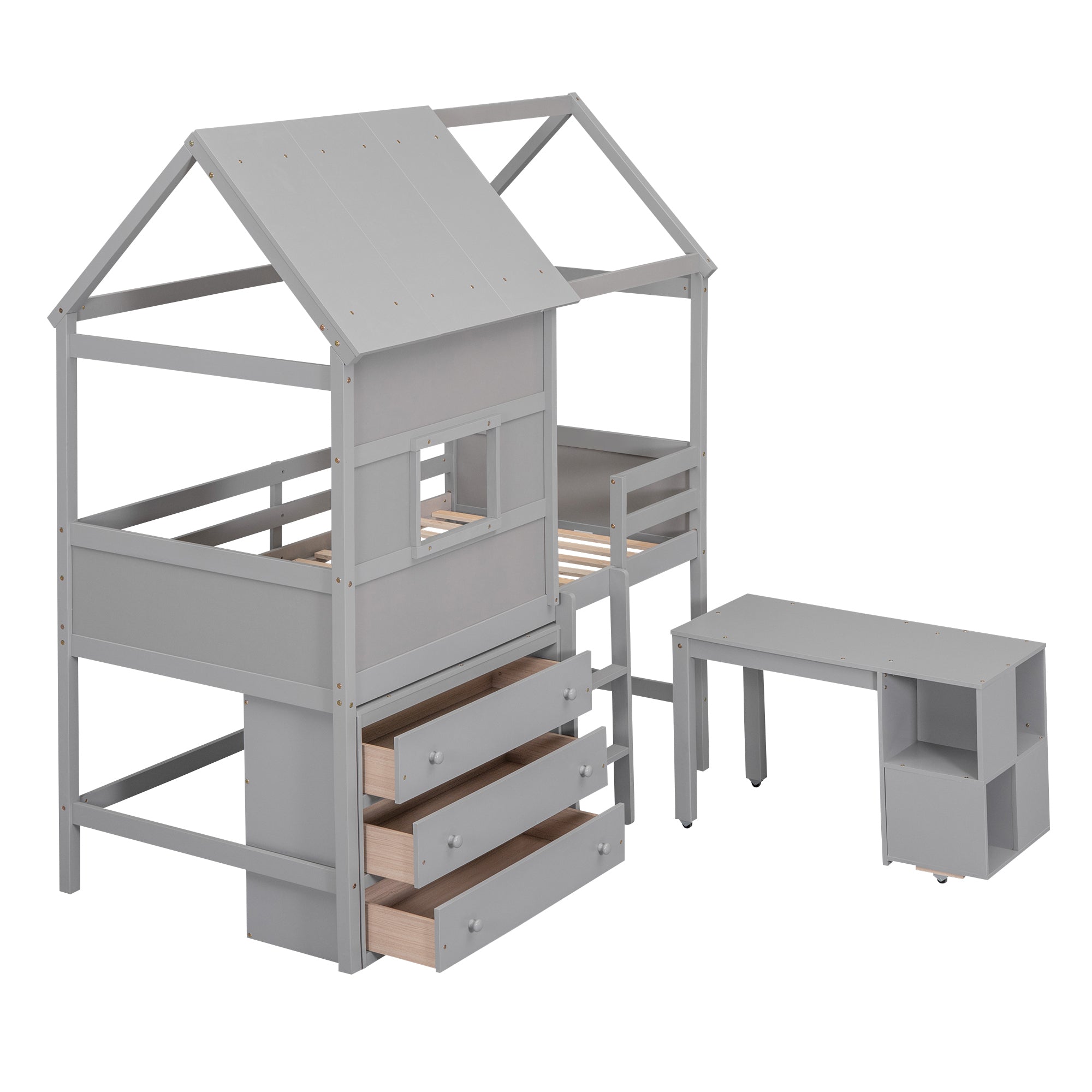 Twin Size House Loft Bed with Storage Desk and 3 Drawer Chest, Gray - Atlantic Fine Furniture Melbourne FL