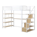 Twin Size Metal Loft bed with Staircase, Built-in Desk and Storage Shelves, White