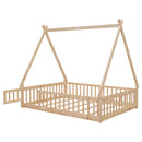 Full Tent-shaped Floor Bed, with Guardrails, Slats, Door ,Natural