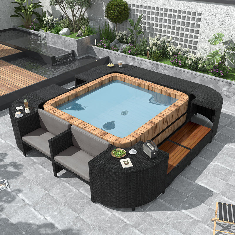 Spa Surround Spa Frame Quadrilateral Outdoor Rattan Sectional Sofa Set With Mini Sofa, Wooden Seats And Storage Spaces