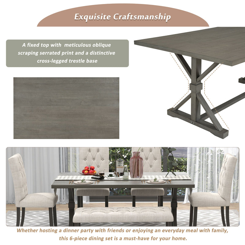 6 Piece Dining Table Set With Rectangular Wood Table, 4 Upholstered Chairs, Bench