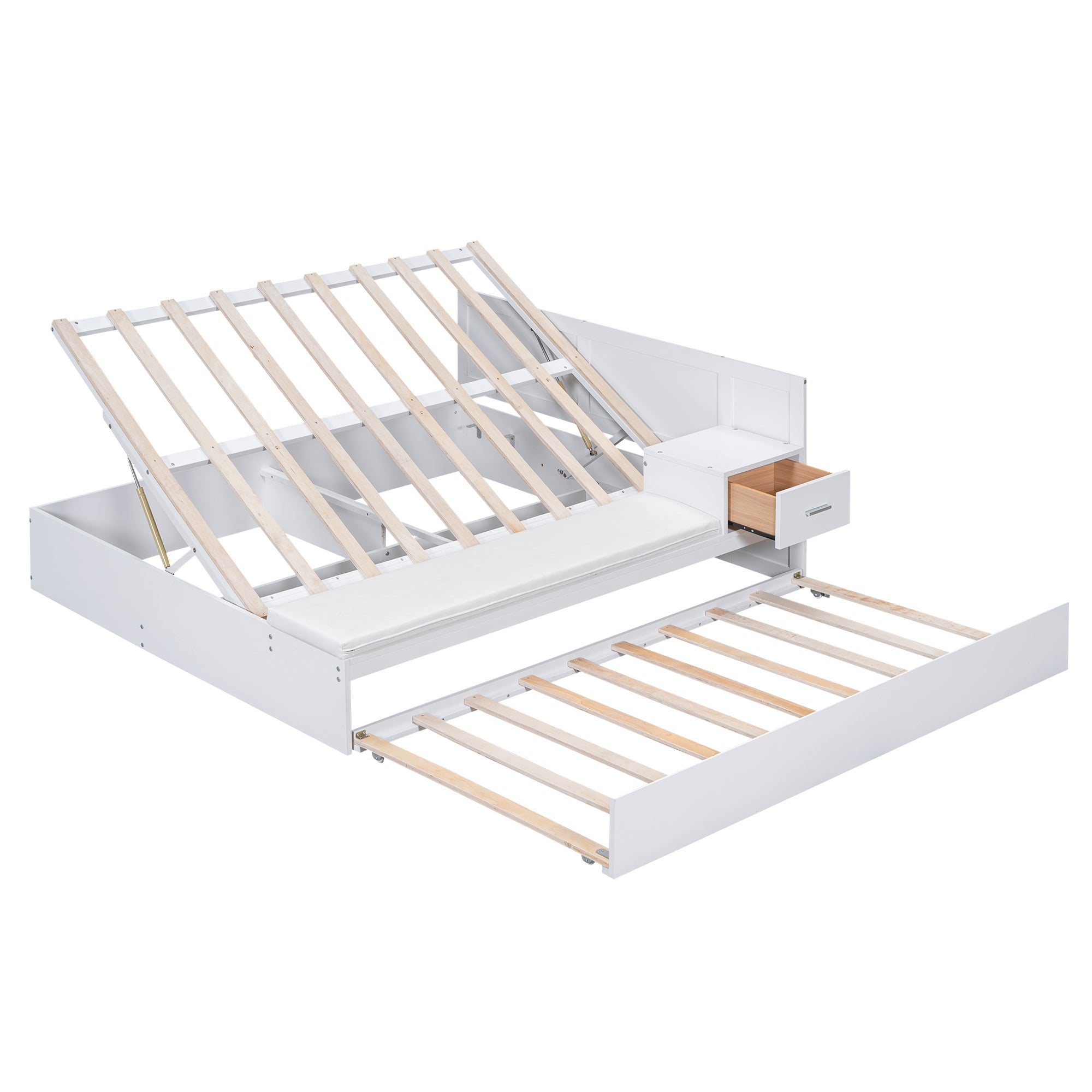Full Size Wood Storage Hydraulic Platform Bed with Twin Size Trundle, Side Table and Lounge, White - Atlantic Fine Furniture Melbourne FL