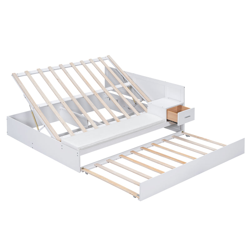 Full Size Wood Storage Hydraulic Platform Bed with Twin Size Trundle, Side Table and Lounge, White