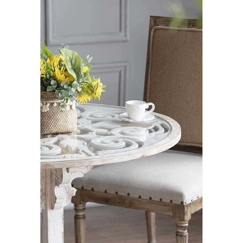 Round Wooden Carved Table, Distressed Finish Design - Antique White