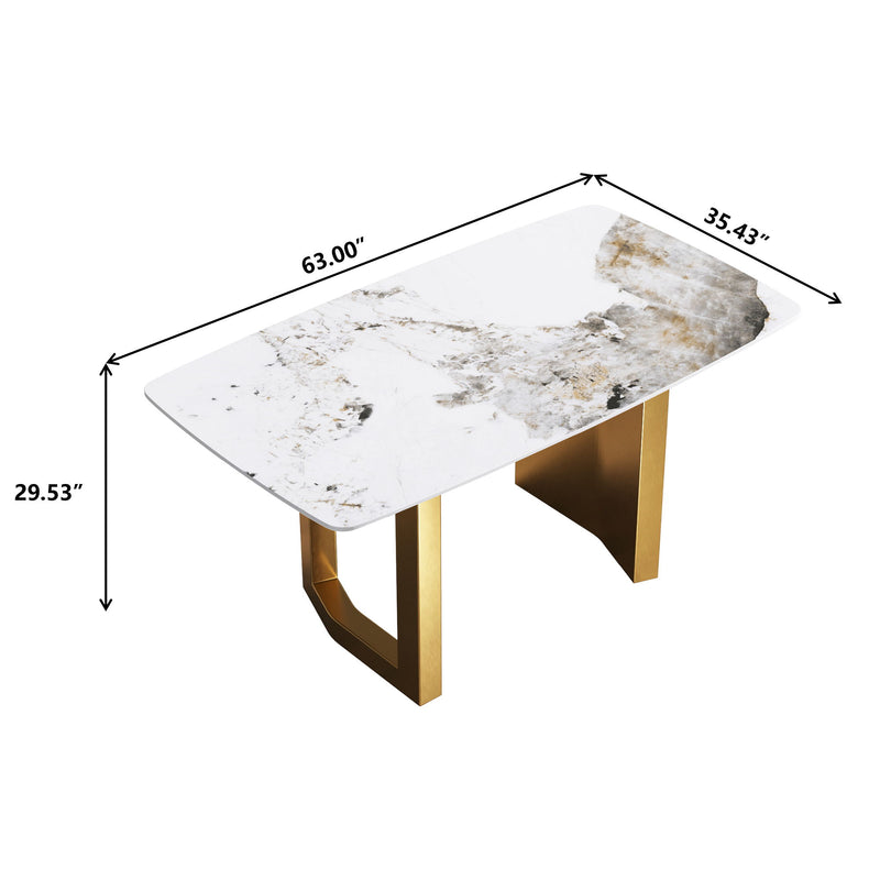 63" Artificial Stone Pandora White Curved Golden Metal Leg Dining Table, 6 People - Antique White / Gold