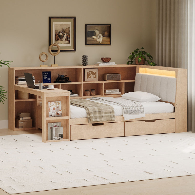 L Shaped Daybed With Desk, Bookcase, Upholstered Headboard, Drawers, And LED Light