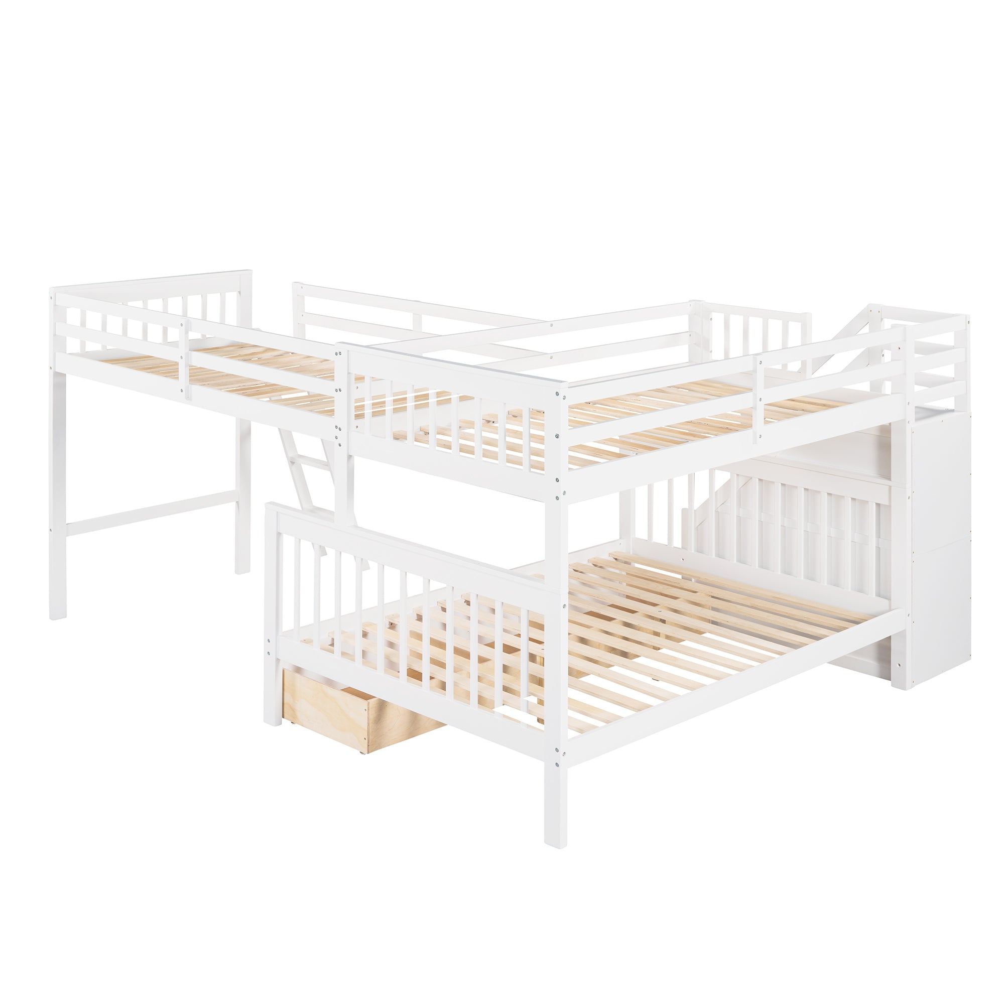 Twin over Full L-Shaped Bunk Bed With 3 Drawers, Ladder and Staircase - White - Atlantic Fine Furniture Melbourne FL