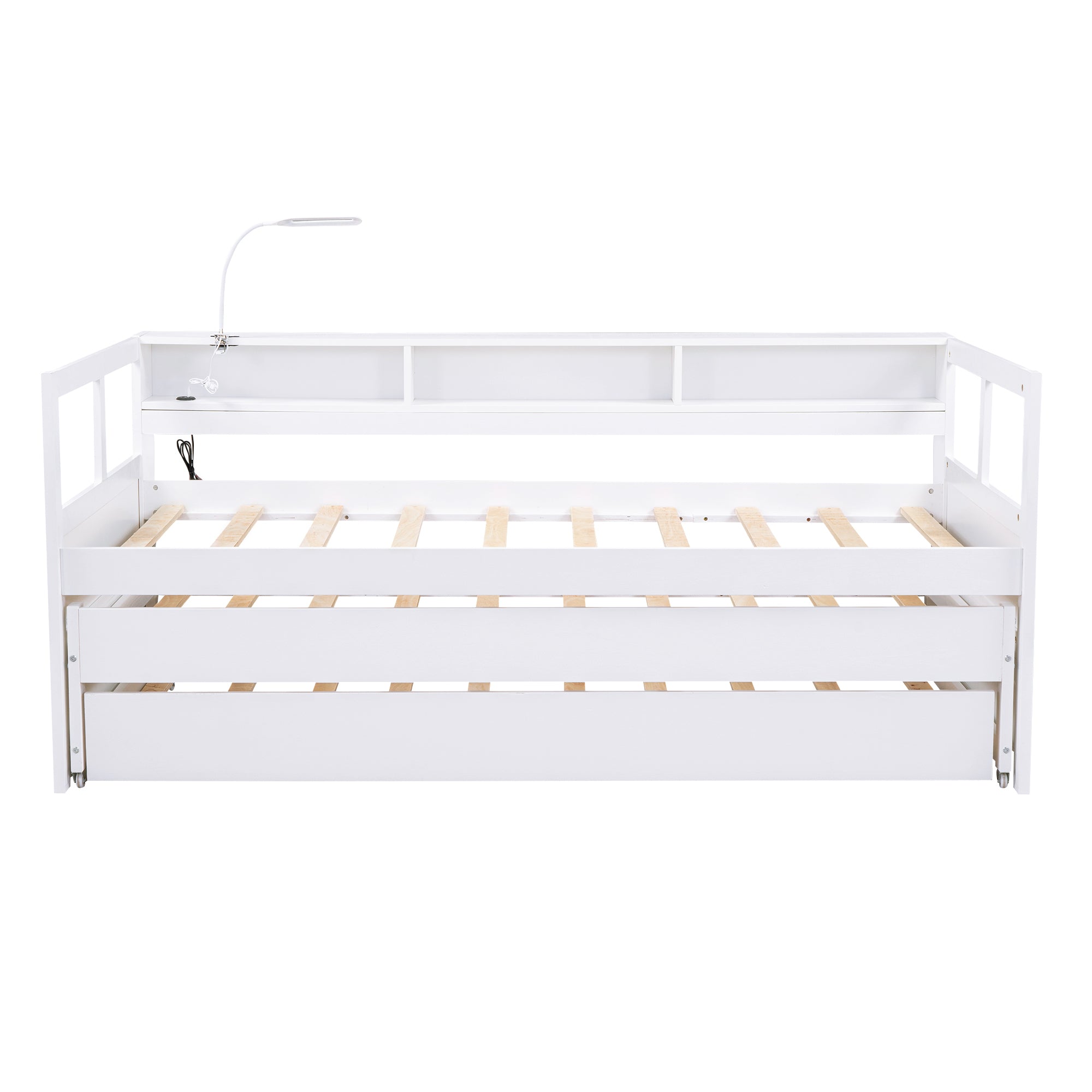 Twin XL Wood Daybed with 2 Trundles, 3 Storage Cubbies, 1 Light for Free and USB Charging Design, White - Atlantic Fine Furniture Melbourne FL