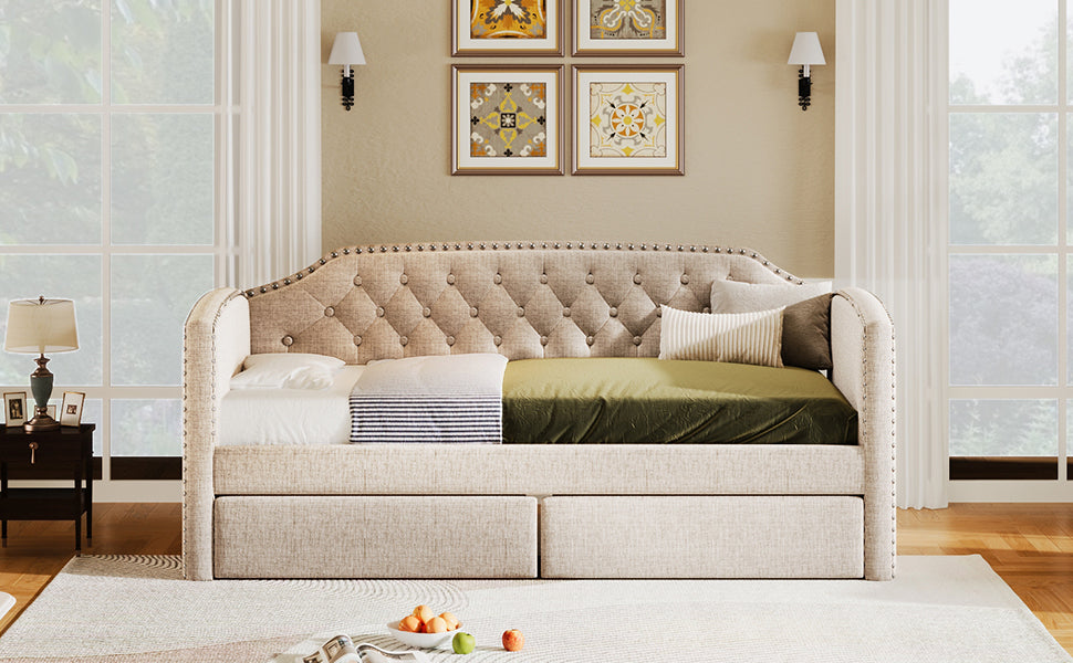 Twin Size Upholstered Daybed with Drawers for Guest Room, Small Bedroom, Study Room, Beige - Atlantic Fine Furniture Melbourne FL