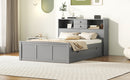 Full Size Wood Pltaform Bed with win Size Trundle, 3 Drawers, Upper Shelves and a set of USB Ports & Sockets, Gray