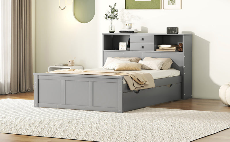 Full Size Wood Pltaform Bed with win Size Trundle, 3 Drawers, Upper Shelves and a set of USB Ports & Sockets, Gray
