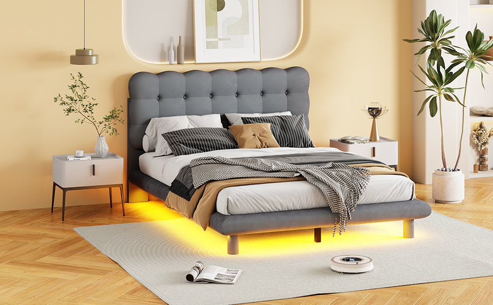Full Size Velvet Platform Bed with LED Frame, Thick & Soft Fabric and Button-tufted Design Headboard, Gray - Atlantic Fine Furniture Melbourne FL